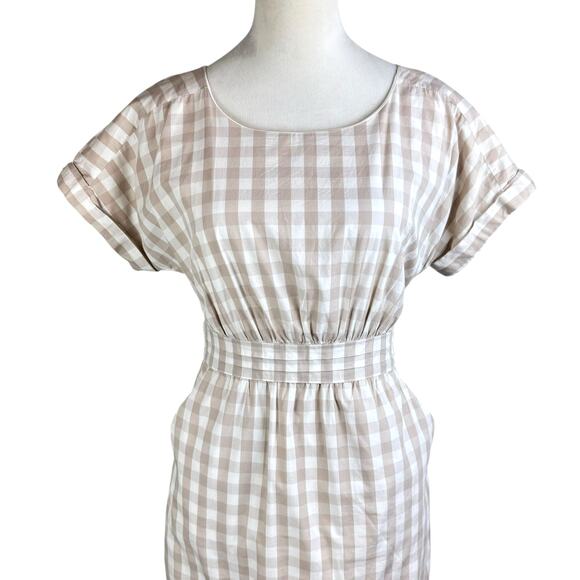 Anthropologie HD in Paris Beige Neutral Cream Gingham Belted Poplin Sheath Dress - Picture 10 of 15
